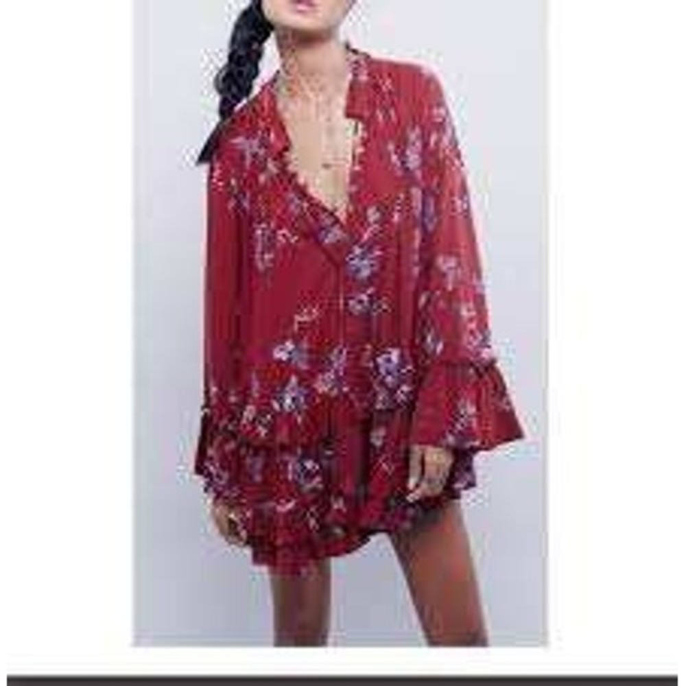 Free People Smooth Talker Red Tunic Floral Ruffle Dress SMALL Boho Festival